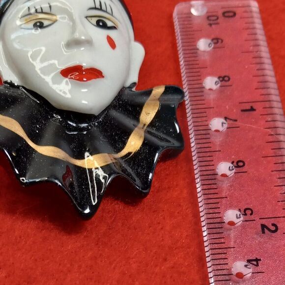 Clown Brooch Clip/Pierced Black and Gold Enamel Earrings - Picture 5 of 9